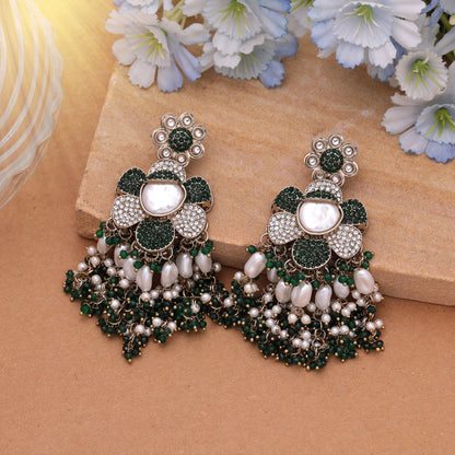 Stunning Dark Green Color Turkish Kundan Drop Earrings For Traditional Events