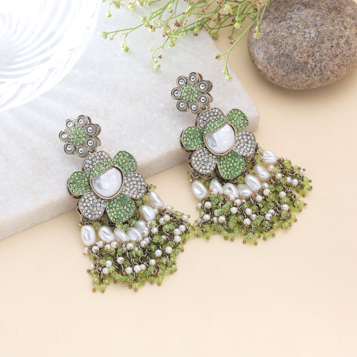Light Green Color Turkish Kundan Earrings With Elegant Traditional Jewellery Design For Women