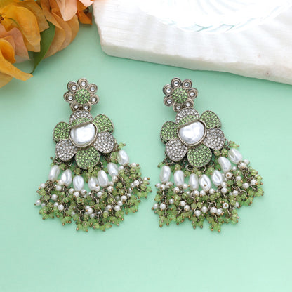 Light Green Color Turkish Kundan Earrings With Elegant Traditional Jewellery Design For Women