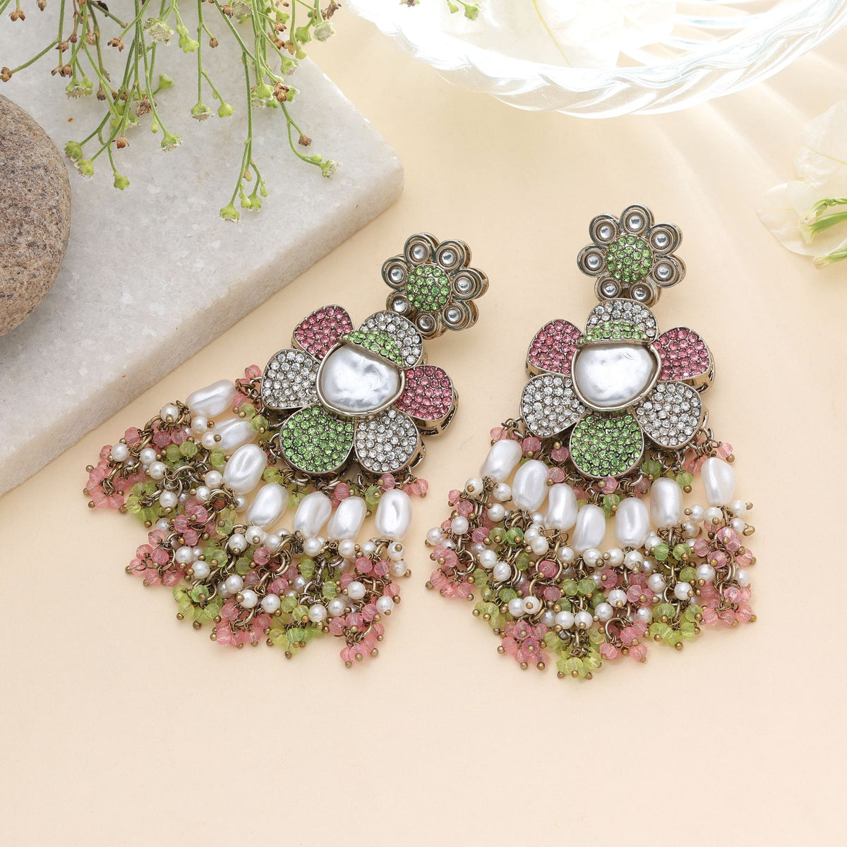 Light Pink & Light Green Color Turkish Kundan Earrings With Elegant Bridal Design For Women