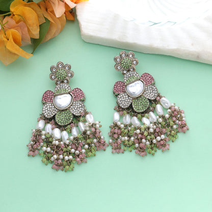 Light Pink & Light Green Color Turkish Kundan Earrings With Elegant Bridal Design For Women