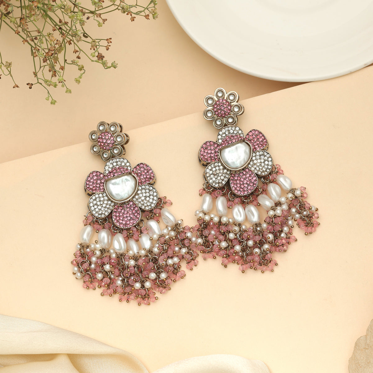 Cute Soft Light Pink Color Turkish Kundan Earrings For Girls Outfits