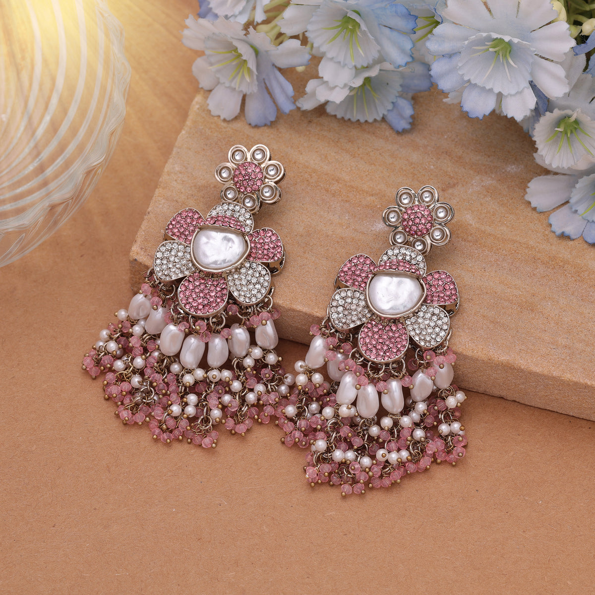 Cute Soft Light Pink Color Turkish Kundan Earrings For Girls Outfits