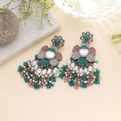 Light Pink & Rama Green Color Turkish Kundan Earrings With Elegant Design For Women