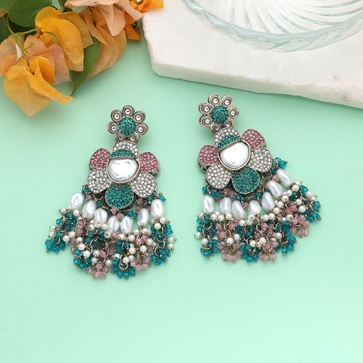 Light Pink & Rama Green Color Turkish Kundan Earrings With Elegant Design For Women