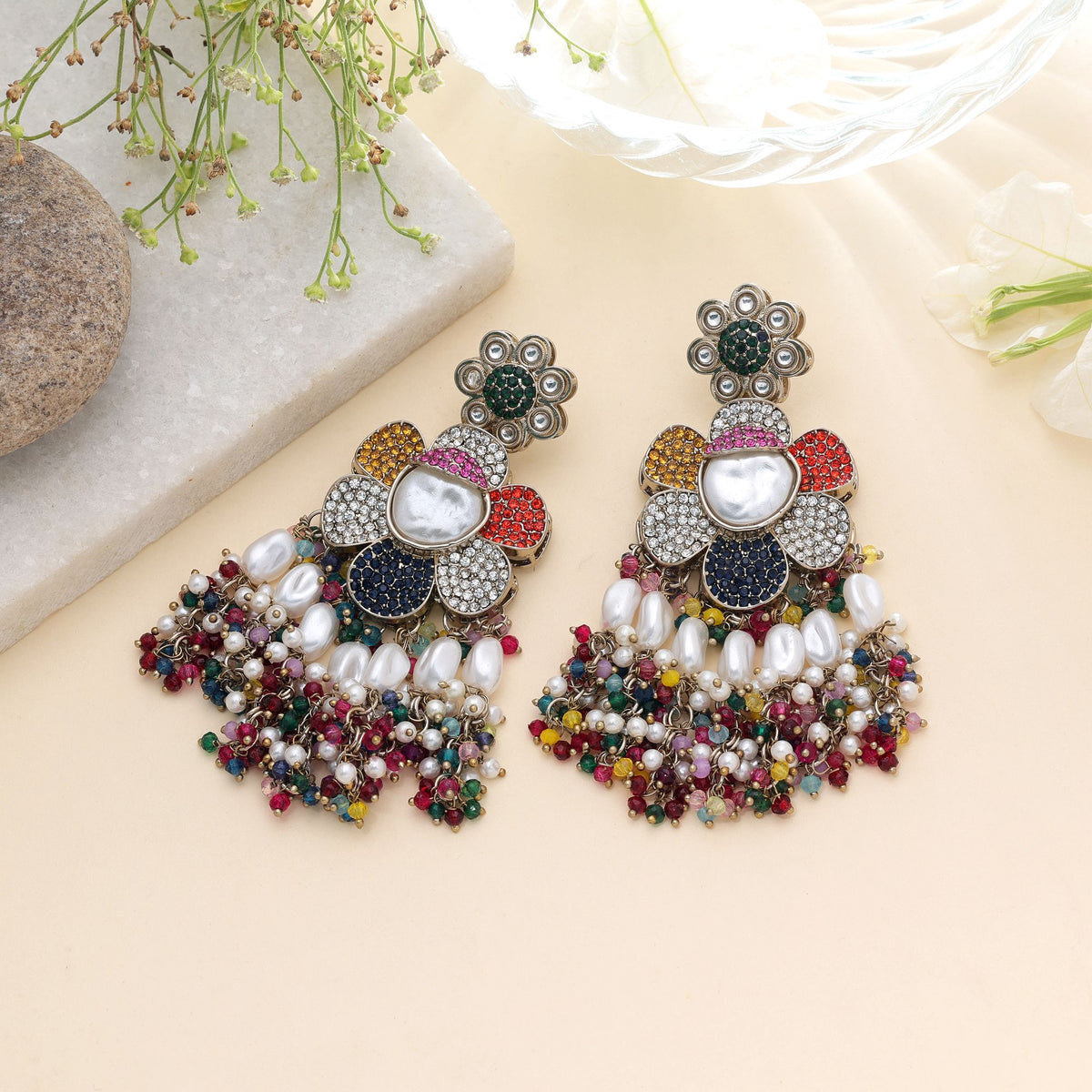 Multi Color Turkish Kundan Earrings With Elegant Traditional Jewellery Design For Women
