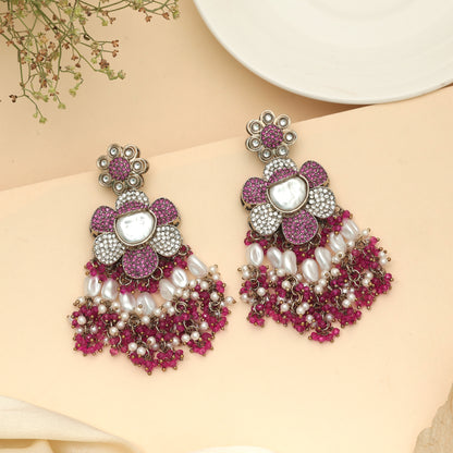 Pretty Baby Pink Color Turkish Kundan Drop Earrings For Festive Wear