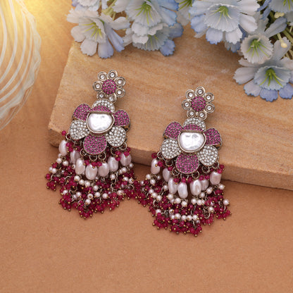 Pretty Baby Pink Color Turkish Kundan Drop Earrings For Festive Wear