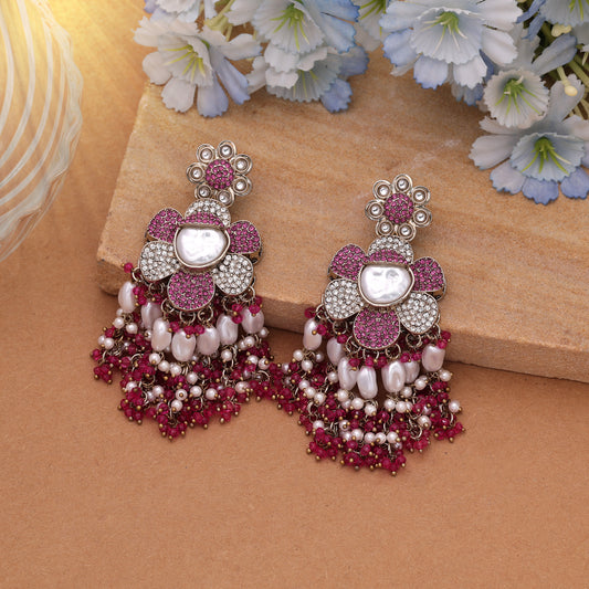 Pretty Baby Pink Color Turkish Kundan Drop Earrings For Festive Wear