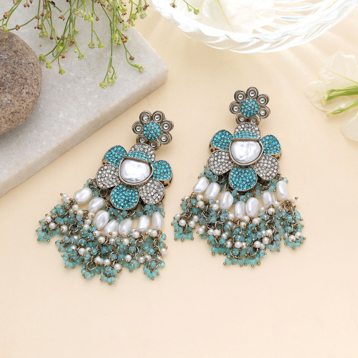 Rama Green Color Turkish Kundan Earrings With Elegant Traditional Design For Women