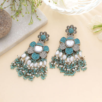 Rama Green Color Turkish Kundan Earrings With Elegant Traditional Design For Women
