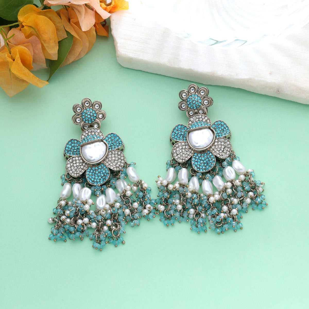 Rama Green Color Turkish Kundan Earrings With Elegant Traditional Design For Women