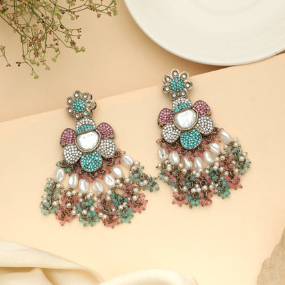 Heavy Multi Color Turkish Kundan Statement Earrings For Sangeet Night Parties