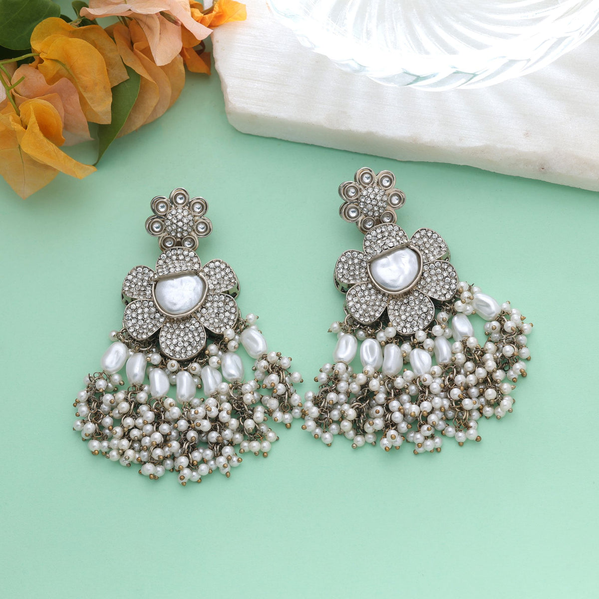 White Color Turkish Kundan Earrings With Stylish Bridal Jewellery Design For Women