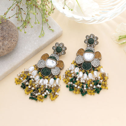 Yellow & Green Color Turkish Kundan Earrings With Stylish Traditional Design For Women