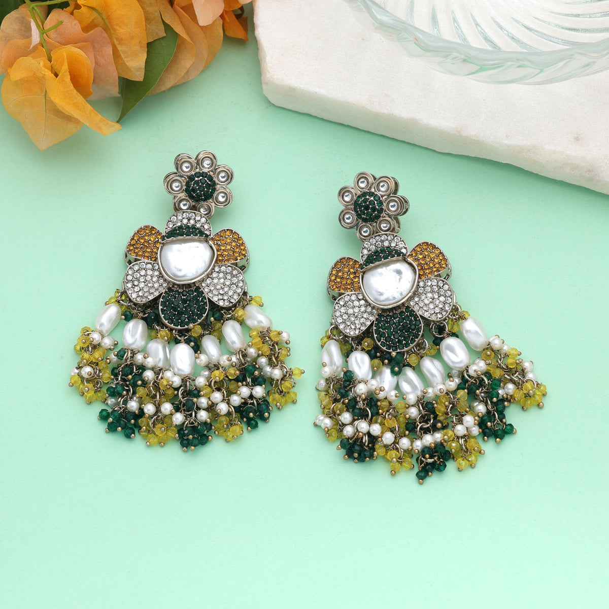 Yellow & Green Color Turkish Kundan Earrings With Stylish Traditional Design For Women