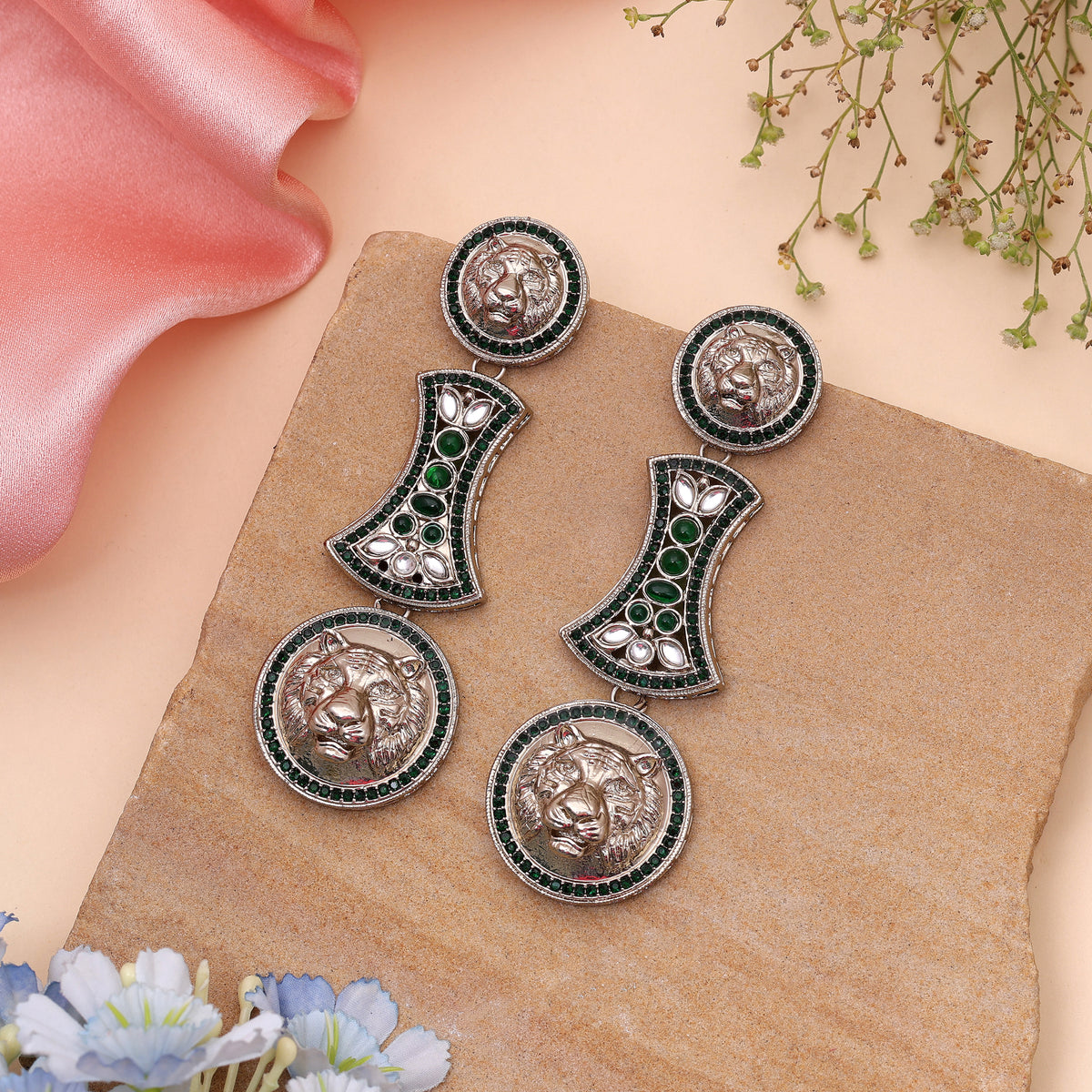 Lush Emerald Green Color Kundan Drop Earrings For Traditional Celebration Outfits
