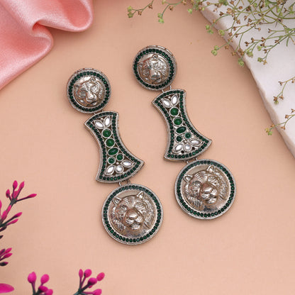 Lush Emerald Green Color Kundan Drop Earrings For Traditional Celebration Outfits