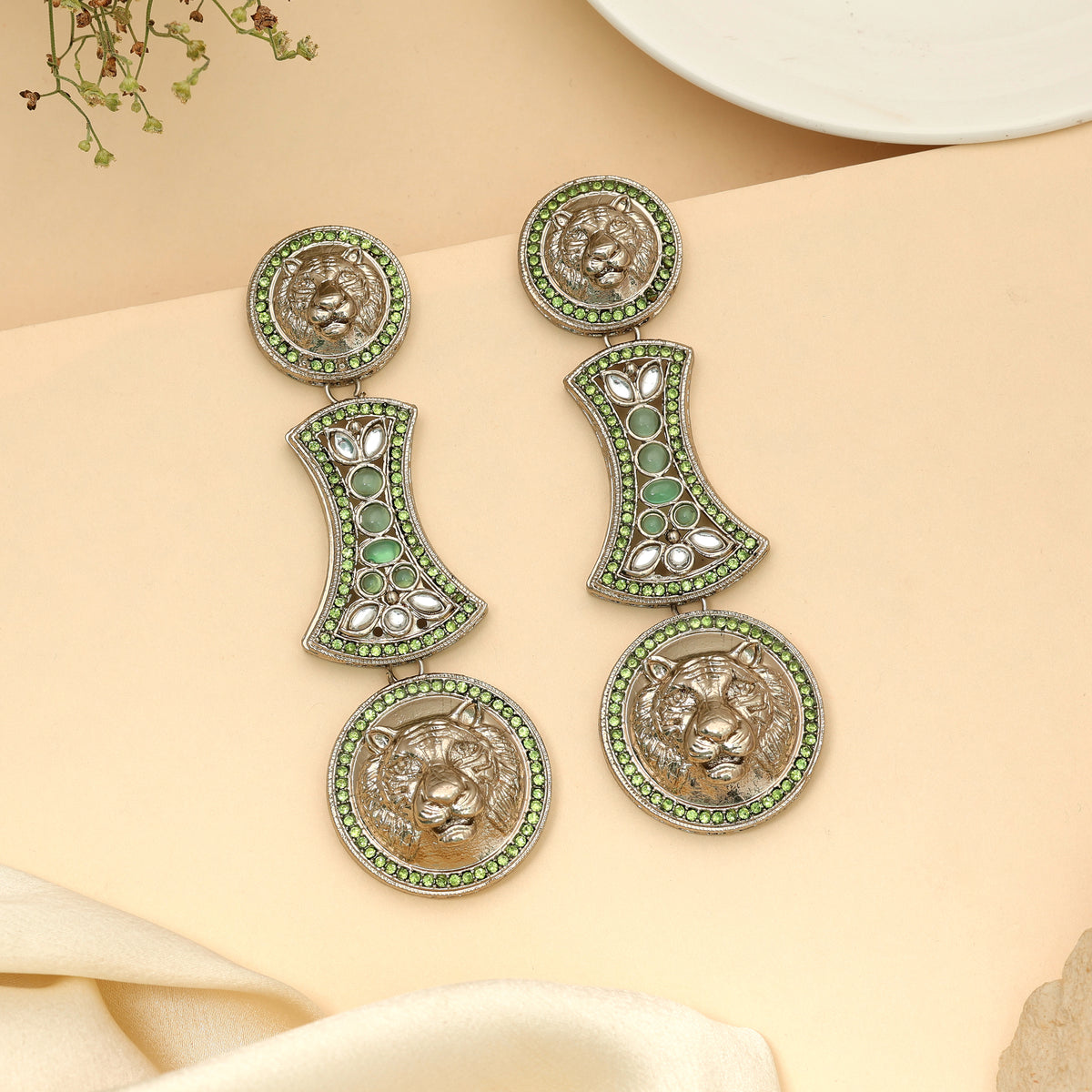 Refreshing Light Green Color Kundan Statement Earrings For Spring Festive Wear