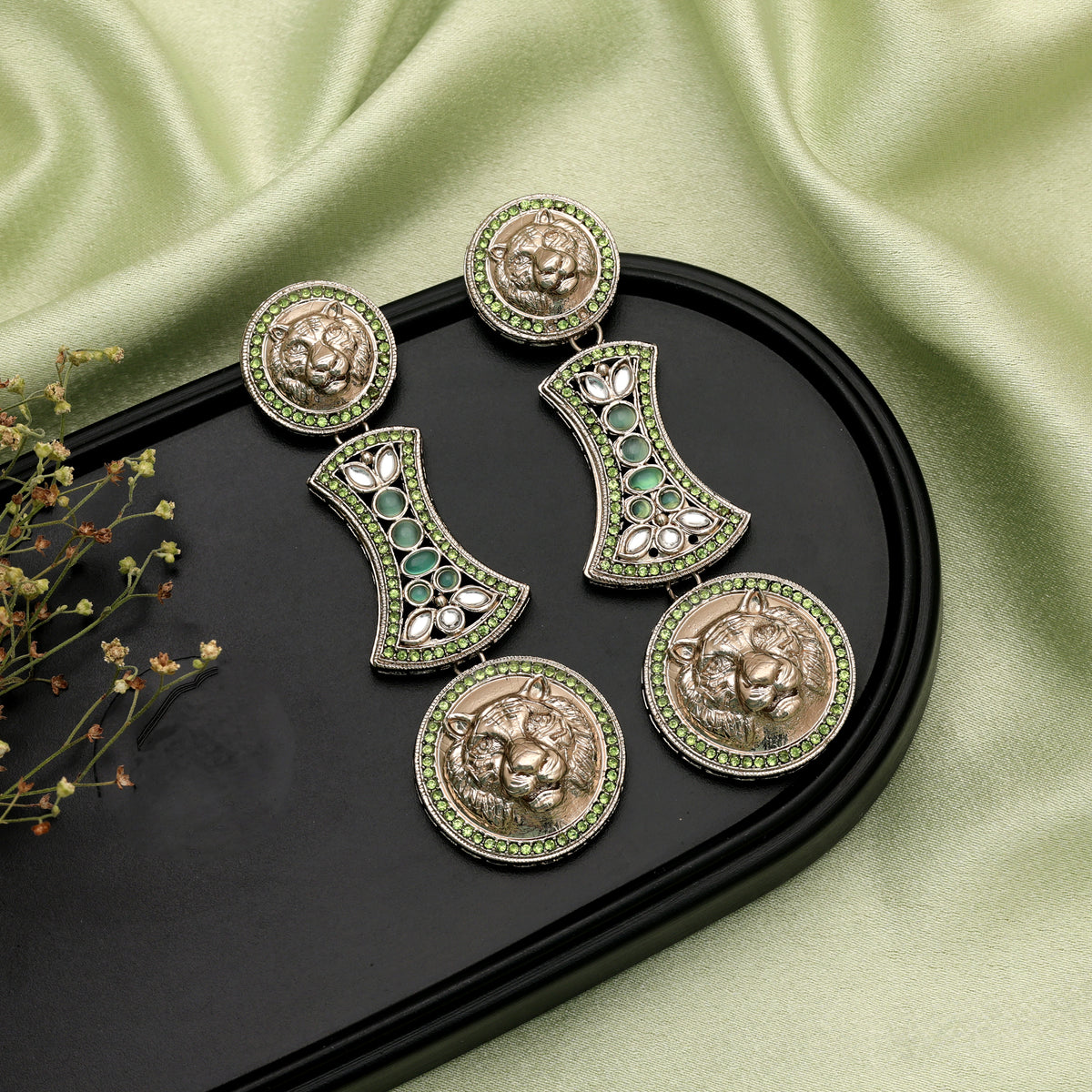 Refreshing Light Green Color Kundan Statement Earrings For Spring Festive Wear
