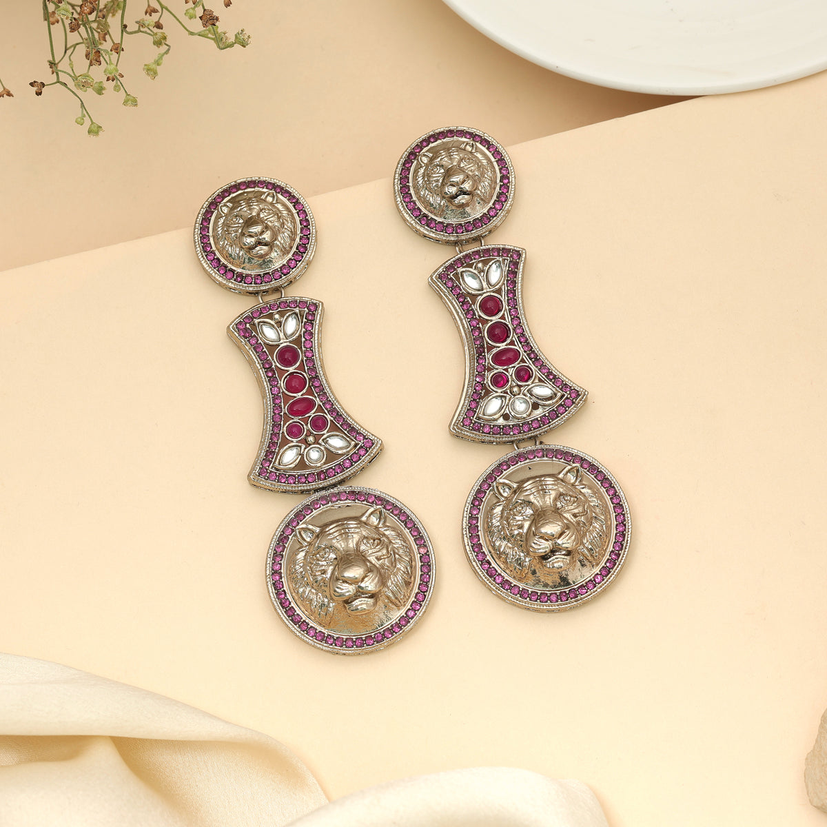 Vibrant Hot Pink Color Kundan Jhumka Earrings For Indian Celebration Outfits