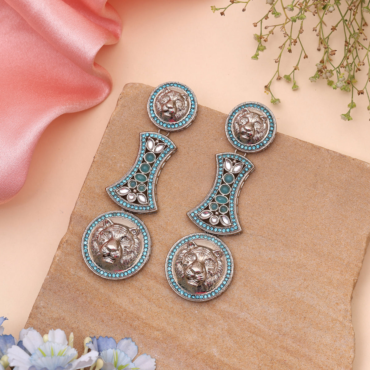 Vivid Deep Rama Green Color Kundan Statement Earrings For Festival Occasions