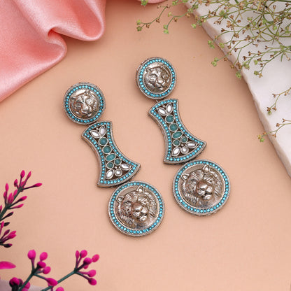 Vivid Deep Rama Green Color Kundan Statement Earrings For Festival Occasions