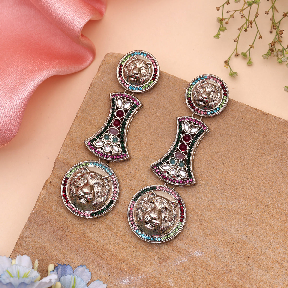 Festive Peacock Multi Color Kundan Hanging Earrings For Sangeet Night Parties