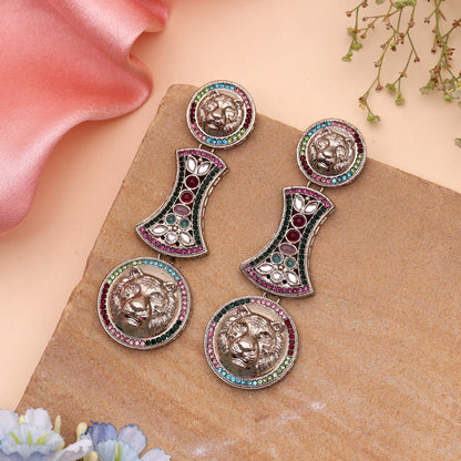 Festive Peacock Multi Color Kundan Hanging Earrings For Sangeet Night Parties