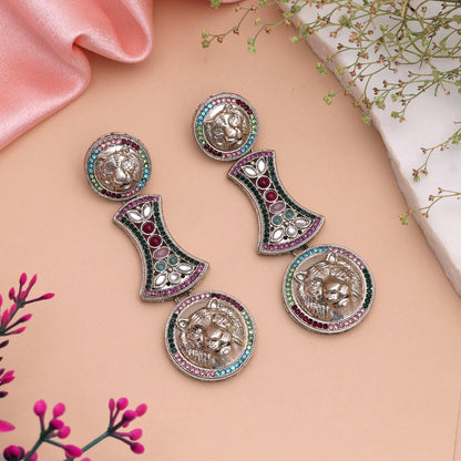 Festive Peacock Multi Color Kundan Hanging Earrings For Sangeet Night Parties