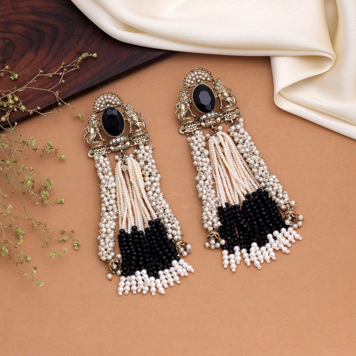 Sophisticated Jet Black Color Kundan Drop Earrings For Contemporary Ethnic Attire