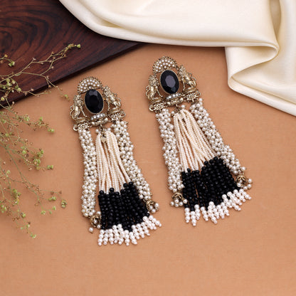 Sophisticated Jet Black Color Kundan Drop Earrings For Contemporary Ethnic Attire