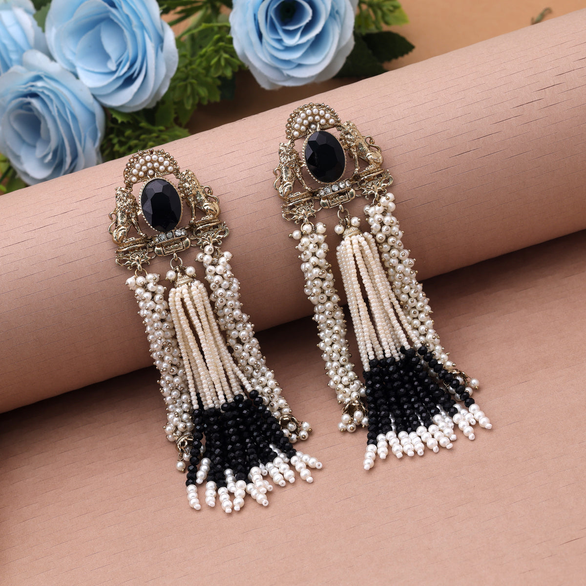 Sophisticated Jet Black Color Kundan Drop Earrings For Contemporary Ethnic Attire