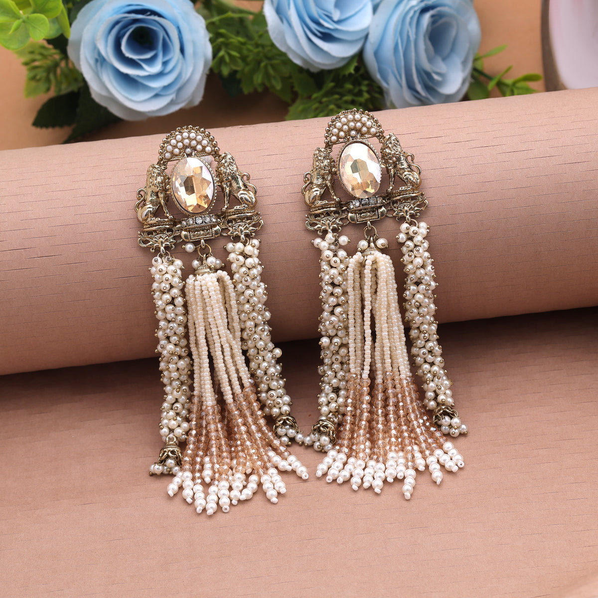 Shimmering Metallic Gold Color Kundan Statement Earrings For Grand Wedding Functions