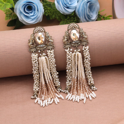 Shimmering Metallic Gold Color Kundan Statement Earrings For Grand Wedding Functions
