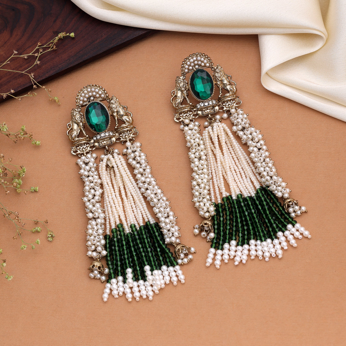 Exquisite Dark Green Color Kundan Statement Earrings For Traditional Women Wear