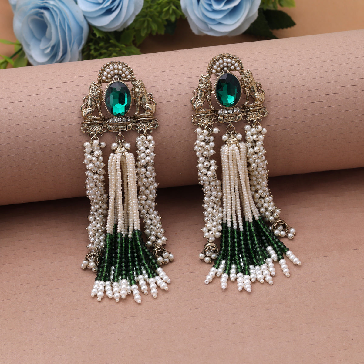 Exquisite Dark Green Color Kundan Statement Earrings For Traditional Women Wear
