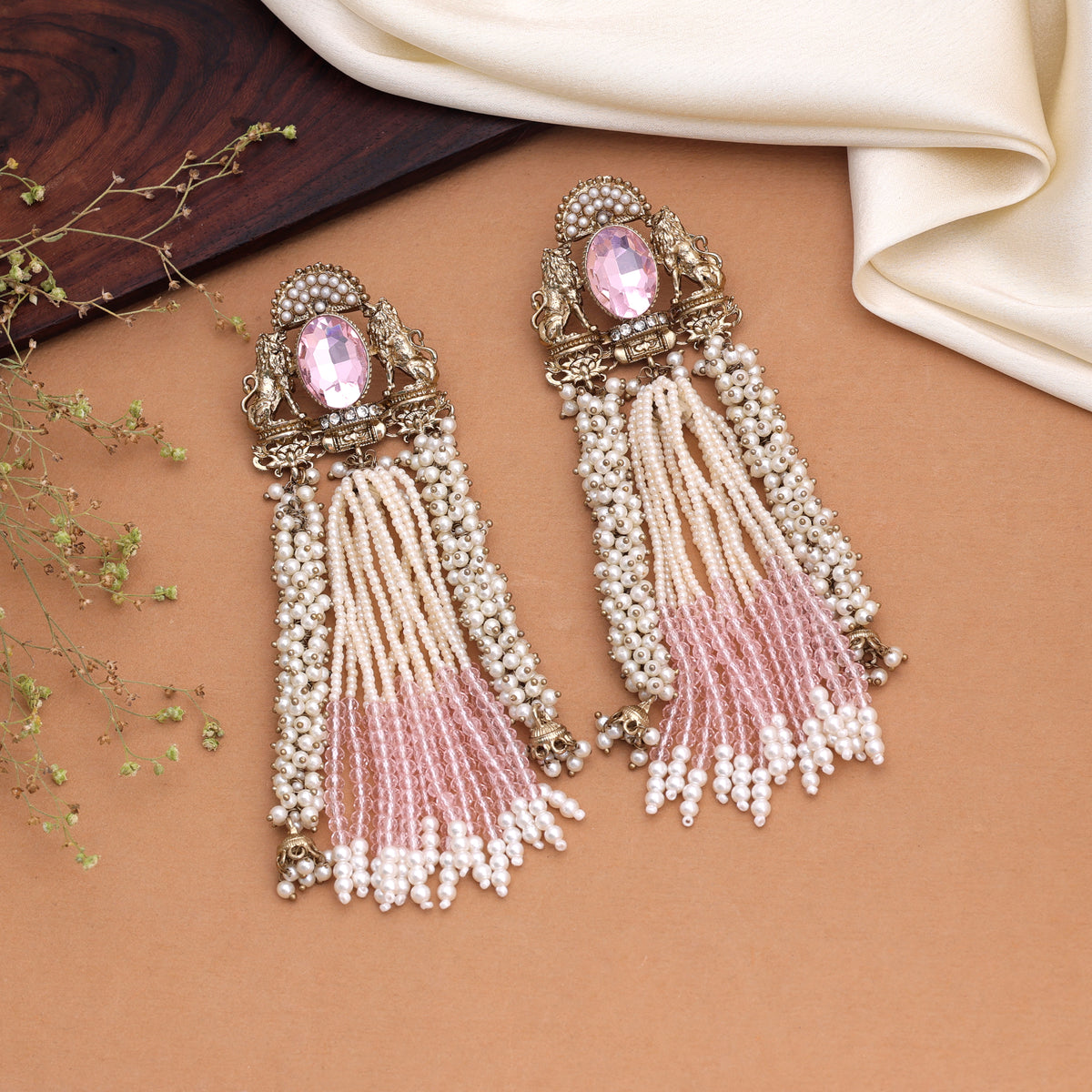 Dainty Baby Light Pink Color Kundan Pearl Earrings For Minimalist Indian Looks