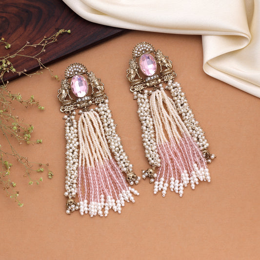 Dainty Baby Light Pink Color Kundan Pearl Earrings For Minimalist Indian Looks