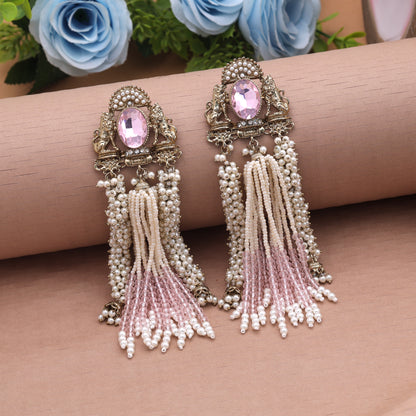 Dainty Baby Light Pink Color Kundan Pearl Earrings For Minimalist Indian Looks