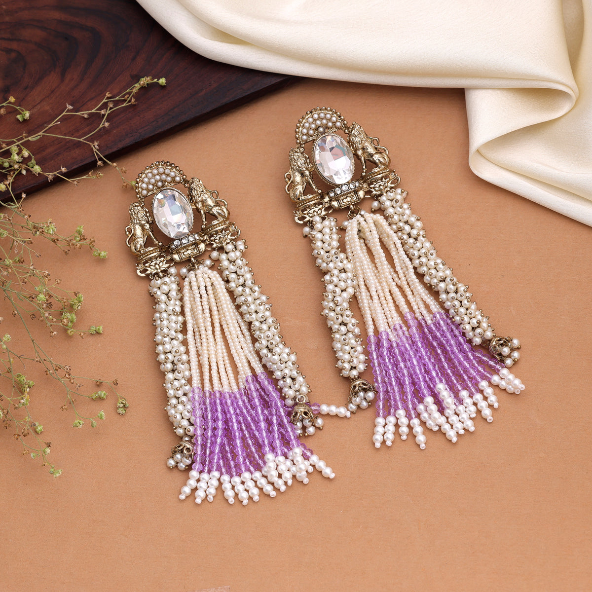 Lavender Color Kundan Drop Earrings For Vibrant Festive Functions