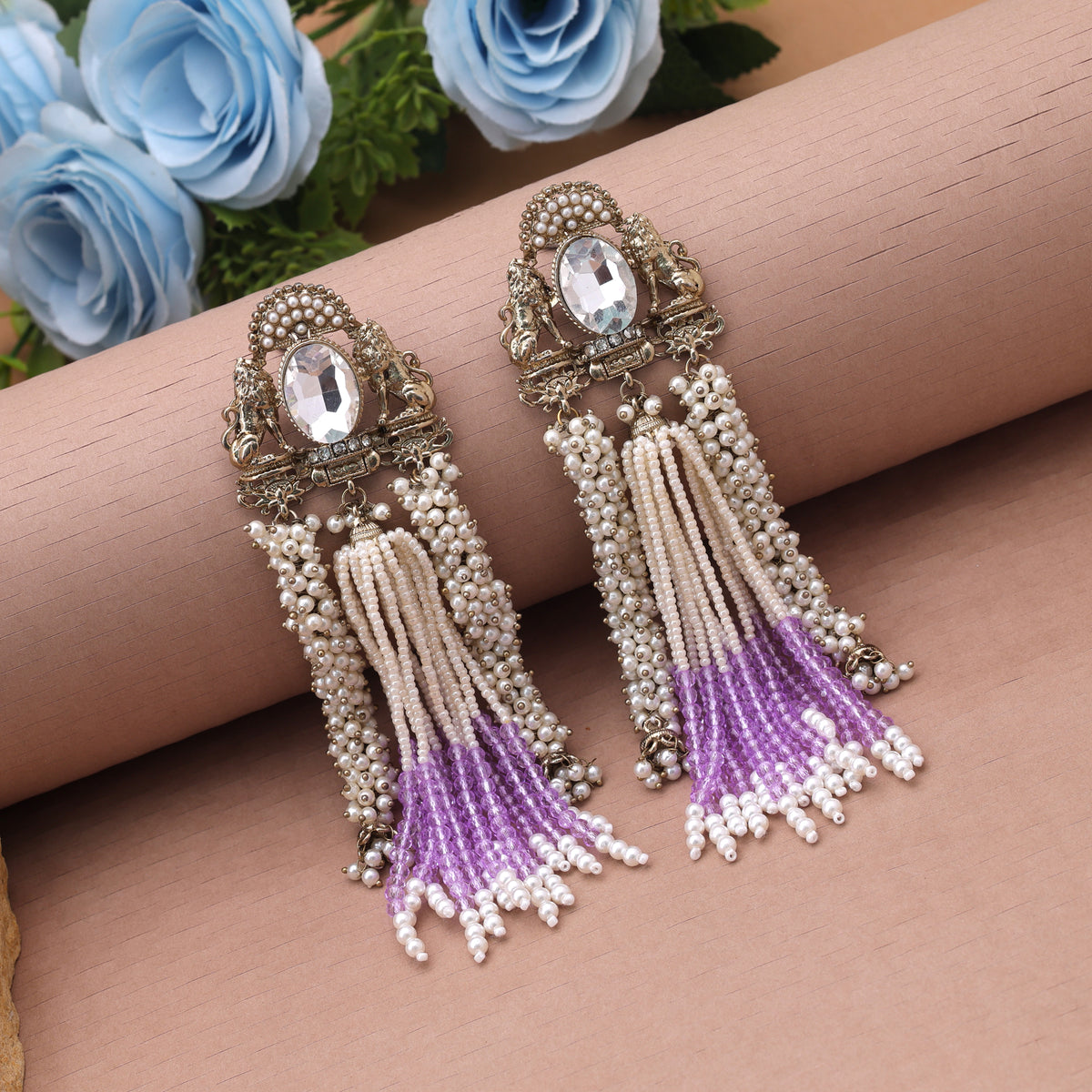 Lavender Color Kundan Drop Earrings For Vibrant Festive Functions