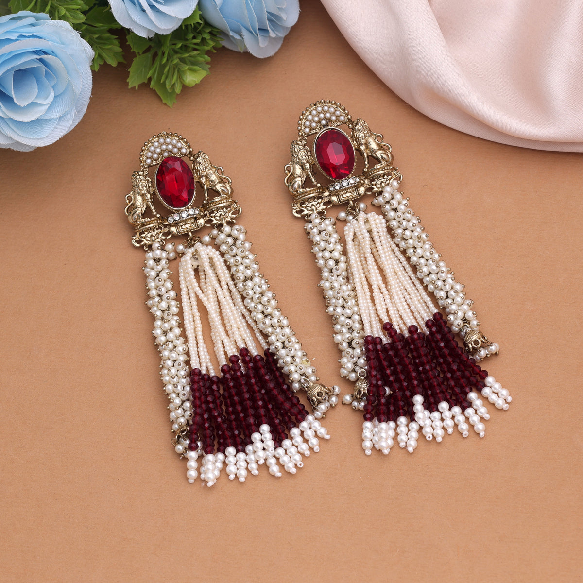 Deep Crimson Maroon Color Kundan Chandbali Earrings For Indian Bridal Jewelry Set