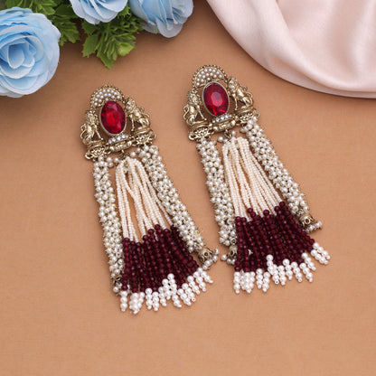 Deep Crimson Maroon Color Kundan Chandbali Earrings For Indian Bridal Jewelry Set
