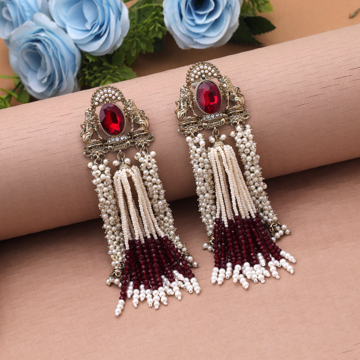 Deep Crimson Maroon Color Kundan Chandbali Earrings For Indian Bridal Jewelry Set