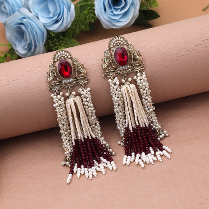 Deep Crimson Maroon Color Kundan Chandbali Earrings For Indian Bridal Jewelry Set