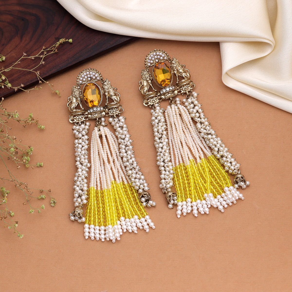 Sparkling Neon Gold Color Kundan Statement Earrings For Modern Party Wear