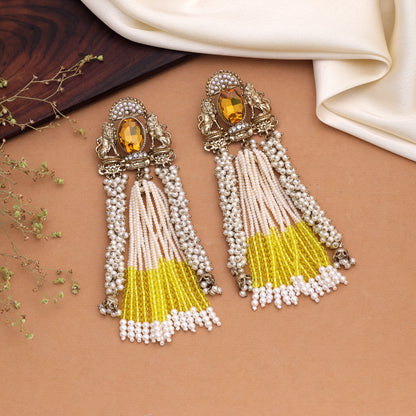 Sparkling Neon Gold Color Kundan Statement Earrings For Modern Party Wear