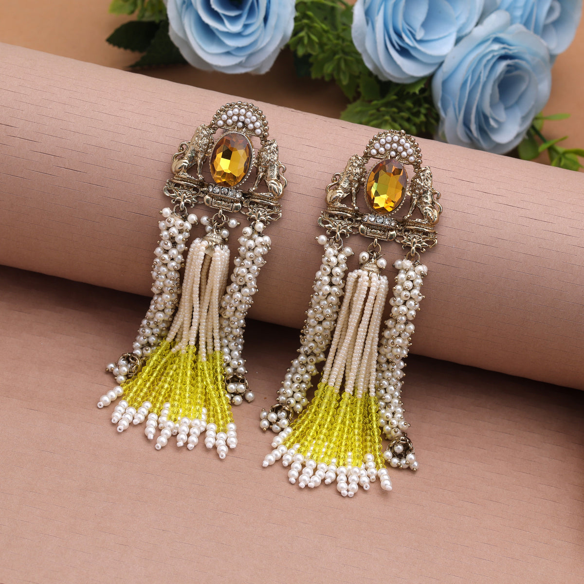 Sparkling Neon Gold Color Kundan Statement Earrings For Modern Party Wear