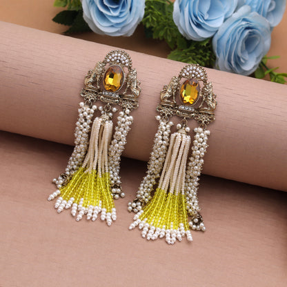 Sparkling Neon Gold Color Kundan Statement Earrings For Modern Party Wear